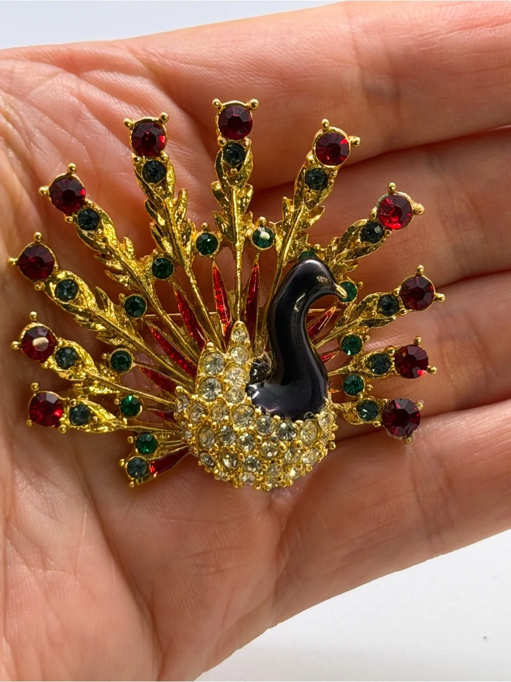 Vintage Signed Peacock Brooch 1.75” Gold Tone Rhinestone Enamel Pin Red Green St